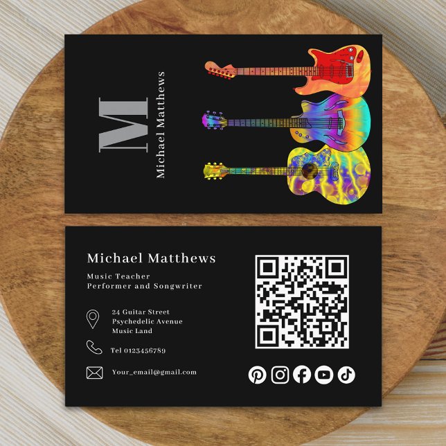 Guitar Teacher QR Code and Social Media Custom Business Card (Modern professional musician guitar music teacher qr code social media Business card)