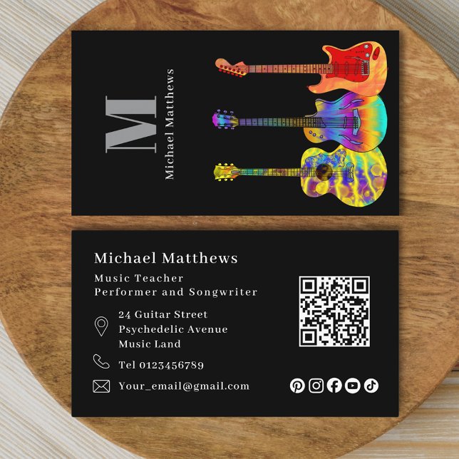 Guitar Teacher QR Code and Social Media Custom Business Card (Guitar music teacher qr code and social media logo custom business card)