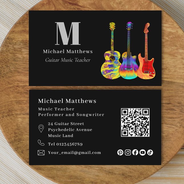 Guitar Teacher QR Code and Social Media Custom Business Card (Guitar teacher musician qr code social media custom business card)