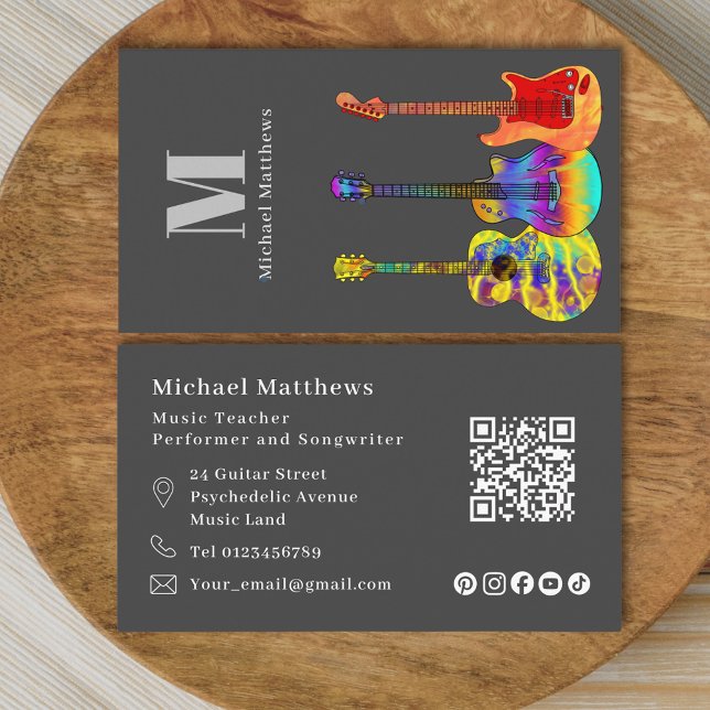 Guitar Teacher QR Code and Social Media Custom Business Card (Modern guitar tutor custom qr code and social media business card)