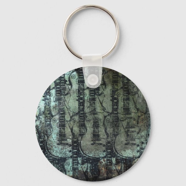 Guitar Teal Green Black Collage Key Ring (Front)