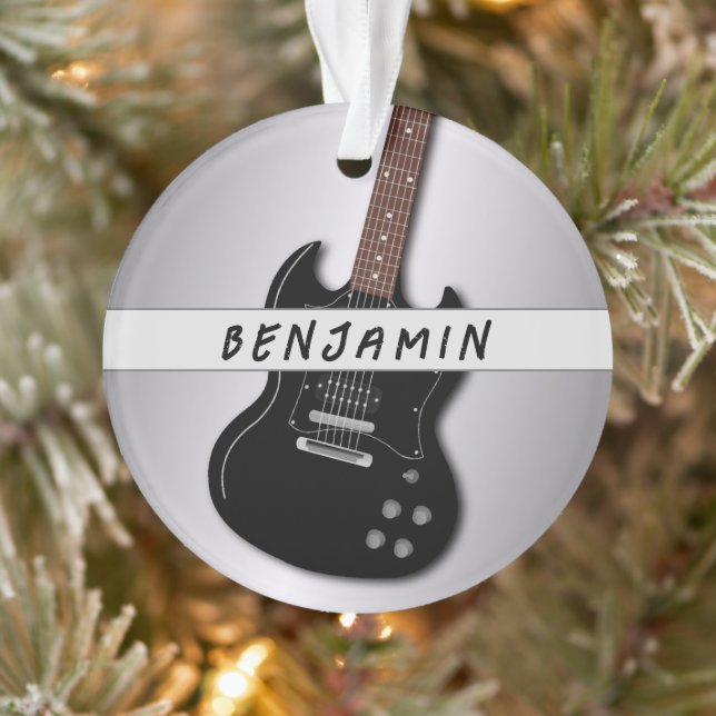 Guitar Teen Boy Silver Black Distressed Christmas Ornament (Tree)