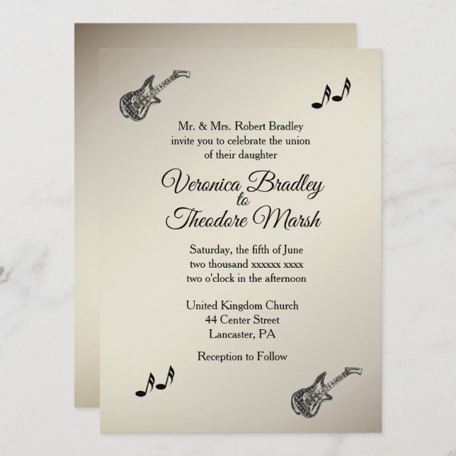 Guitar Theme Antique Gold Wedding Invitation   (Front/Back)