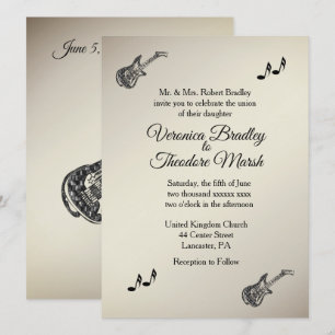 Guitar Theme Antique Gold Wedding Invitation  