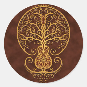 Guitar Tree, Golden Brown Classic Round Sticker