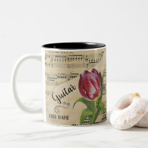 Guitar Tulip Vintage Sheet Music Customised Two-Tone Coffee Mug