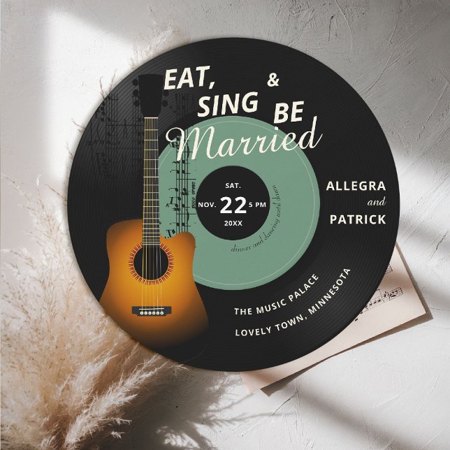 Guitar Vintage Record Music Musician Sage Wedding Invitation (musician wedding invitation music record vintage vinyl lp sage green score acoustic guitar black)