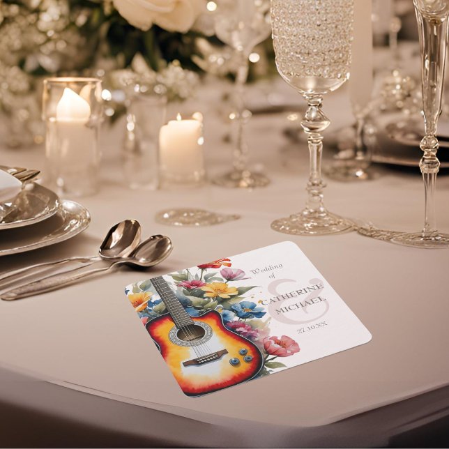 Guitar Wildflower Ampersand Musical Wedding  Square Paper Coaster (Creator Uploaded)