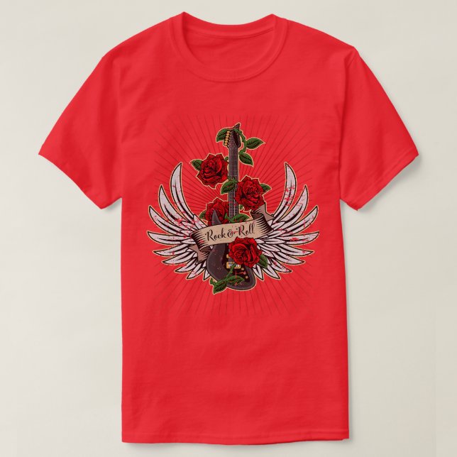 Guitar Wings Roses Distressed Rock and Roll Music  T-Shirt (Design Front)