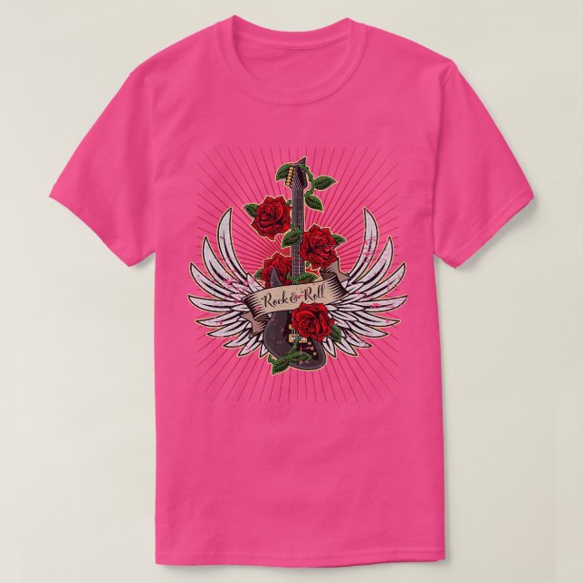 Guitar Wings Roses Distressed Rock and Roll Music  T-Shirt (Design Front)