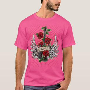 Guitar Wings Roses Distressed Rock and Roll Music T-Shirt