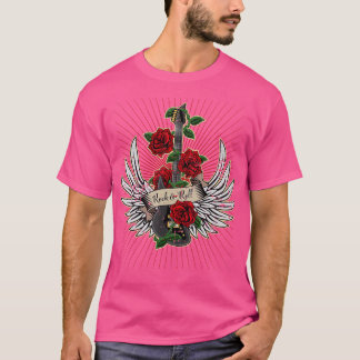 Guitar Wings Roses Distressed Rock and Roll Music  T-Shirt