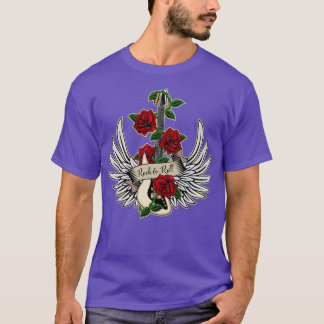 Guitar Wings Roses Rock and Roll Vintage Music Des T-Shirt