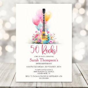 Guitar with Balloons 50th Birthday Party Invitation