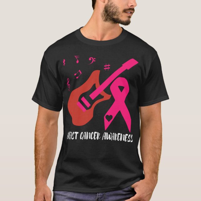 Guitar With Pink Ribbon Breast Cancer Awareness T-Shirt (Front)