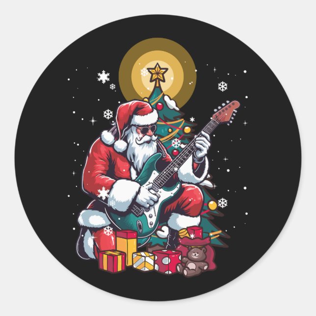 Guitarist Santa Playing Electric Guitar Christmas  Classic Round Sticker (Front)