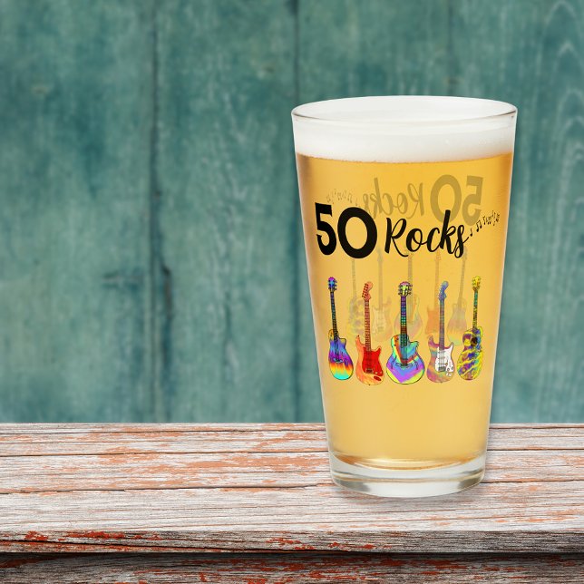 Guitars 50th Birthday 50 Rock and Roll Glass (Rock and roll 50th birthday beer glass 50 rocks cool funky psychedelic guitars for him)
