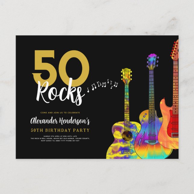 Guitars 50th birthday party 50 Rocks Invitation Postcard (Front)