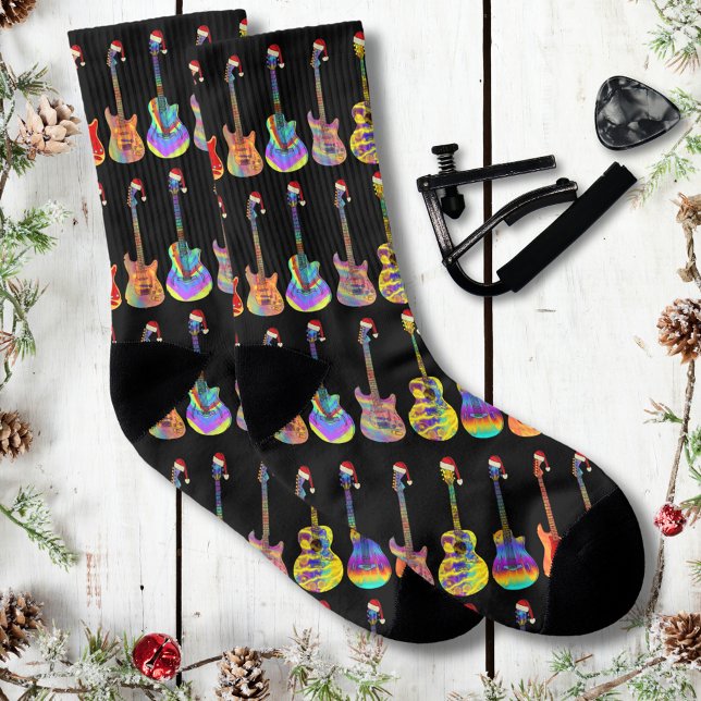 Guitars Colourful Christmas pattern Socks (Christmas guitars wearing Santa hats black music themed holiday socks for guitarist musicians)