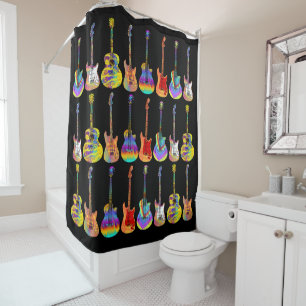 Guitars Colourful Pattern on Black Shower Curtain