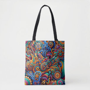 Guitars in mandala batik style tote bag