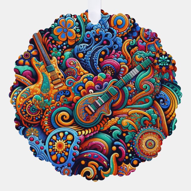 Guitars in mandala batik style tree decoration card (Front)