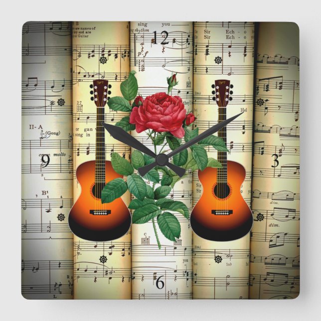 Guitars & Rose ~ Rolled Sheet Music ~ Great Gift ~ Square Wall Clock (Front)