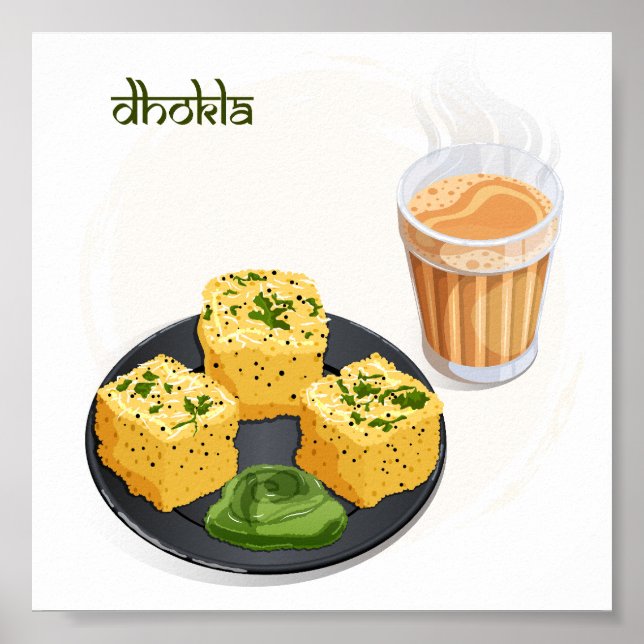 Gujarati Dhokla & Hot Masala Chai Indian Food Art Poster (Front)