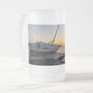 Gulf Breeze Sailboat And Jetty Sunset Frosted Mug