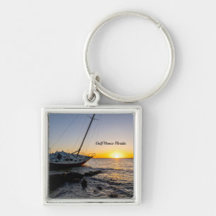 Gulf Breeze Sailboat And Jetty Sunset Keychain