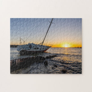 Gulf Breeze Sailboat And Jetty Sunset Puzzle