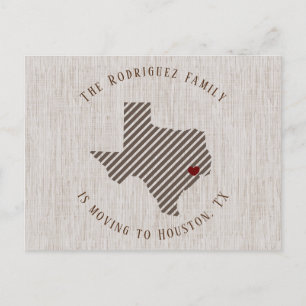 Gulf Coast Brown Linen and Heart Texas Moving Announcement Postcard