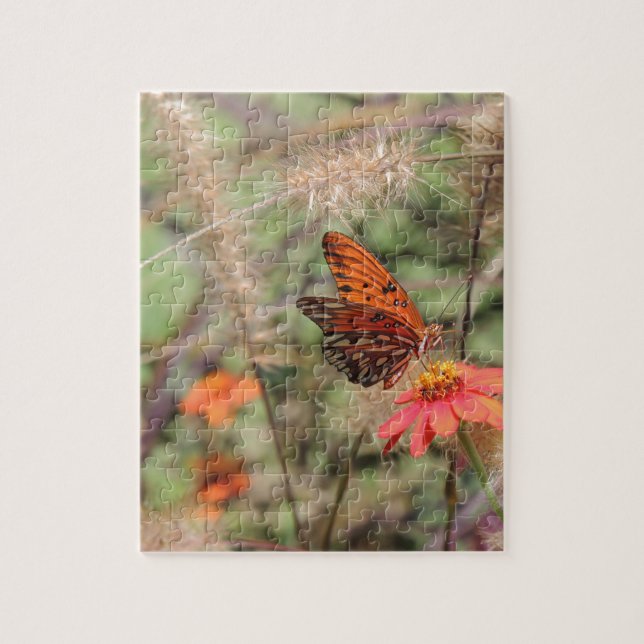 Gulf Fritillary on Zinnia Jigsaw Puzzle (Vertical)