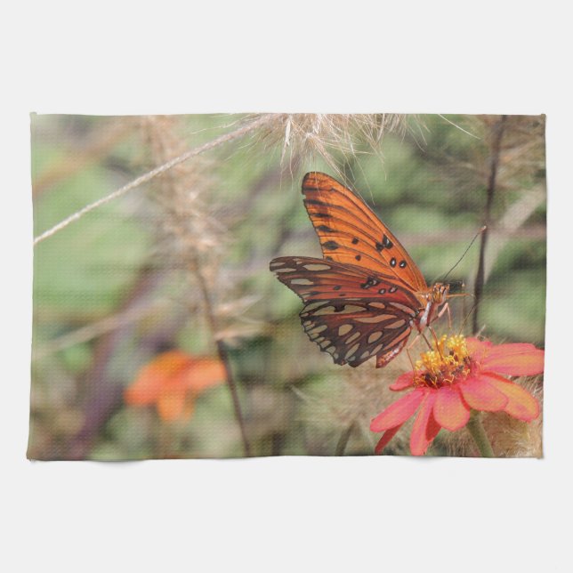 Gulf Fritillary on Zinnia Tea Towel (Horizontal)