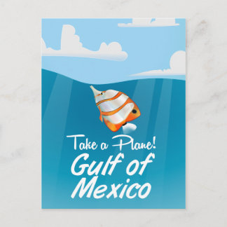 Gulf of Mexico travel poster cartoon. Postcard