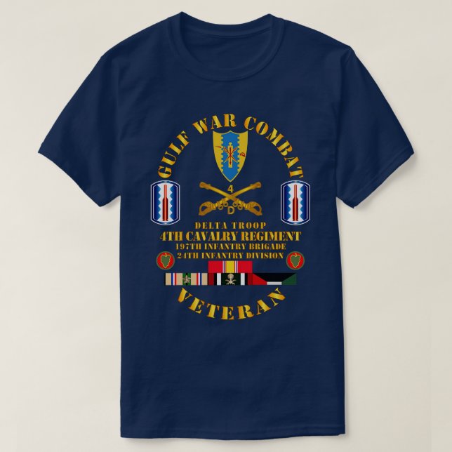 GulfCombat Cavalry Vet w Delta Troop 4th Cav 197th T-Shirt (Design Front)