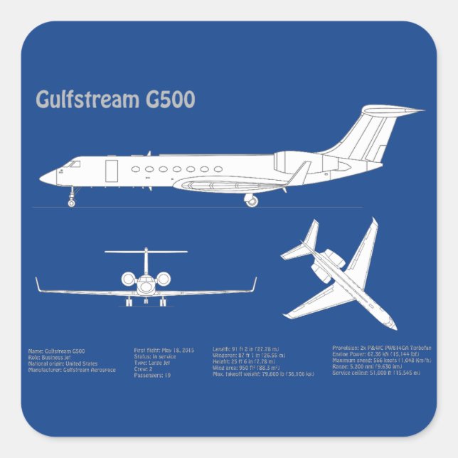 Gulfstream G500 - Aeroplane Blueprint Plans ABD Square Sticker (Front)