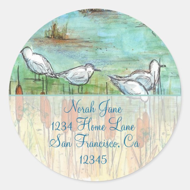 Gull Bird Nature Drawing Return Address Classic Round Sticker (Front)