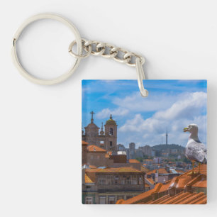 Gull Birds Eye View Rooftops of Portugal Key Ring