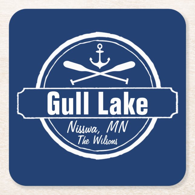 Gull Lake Minnesota anchor, paddles town and name Square Paper Coaster (Front)