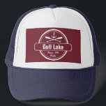 Gull Lake Minnesota anchor, paddles town and name Trucker Hat<br><div class="desc">Gull Lake, Minnesota nautical anchor design is personalised with your town (such as Brainerd, Nisswa, etc.) and your name (or delete). This retro, vintage style design features a white circle, anchor, crisscrossed paddles and a bold banner that reads Gull Lake. Perfect for the boating enthusiast or anyone who loves Gull...</div>