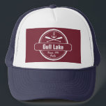 Gull Lake Minnesota anchor, paddles town and name Trucker Hat<br><div class="desc">Gull Lake, Minnesota nautical anchor design is personalised with your town (such as Brainerd, Nisswa, etc.) and your name (or delete). This retro, vintage style design features a white circle, anchor, crisscrossed paddles and a bold banner that reads Gull Lake. Perfect for the boating enthusiast or anyone who loves Gull...</div>