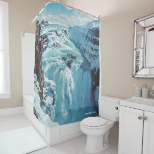 Gullfoss Falls Iceland Vintage Illustration Travel Shower Curtain