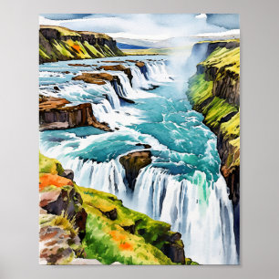 Gullfoss Iceland Watercolor Poster