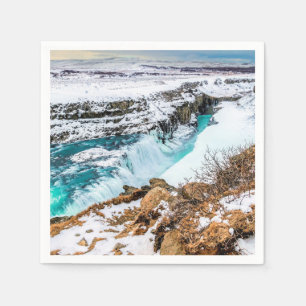 Gullfoss Iceland Waterfall Winter Landscape Snowy Napkin