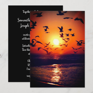 Gulls at Sunset Photo Orange and Black Wedding Invitation