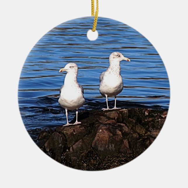 Gulls on the rocks ceramic tree decoration (Front)