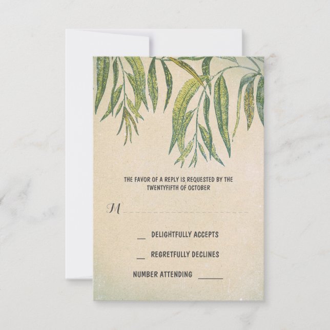 gum leaves rustic outdoor wedding RSVP cards (Front)