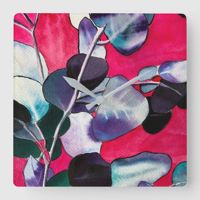 Gum leaves watercolor art square wall clock (Front)