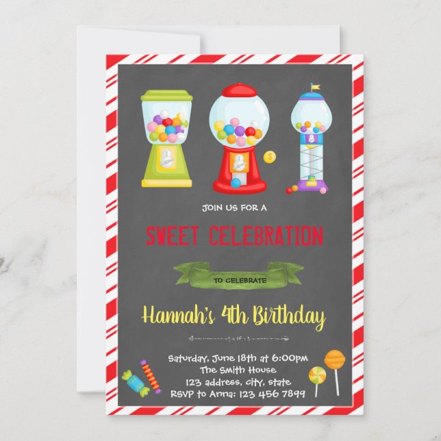 Gumball candyland shop birthday invitation (Front)